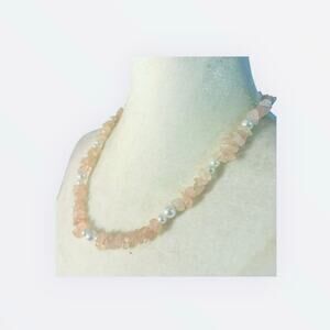 Light Pink Stone Chips Accented with Faux Pearls Beaded Necklace